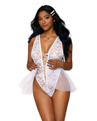 Lace teddy with front lace-up detail and fully removeable mesh skirt with satin bow Lingerie Dreamgirl International OS White 