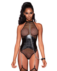 Large Fishnet Corset-Style Halter Teddy with Attached Collar & Chain Leash Accent Dreamgirl International 