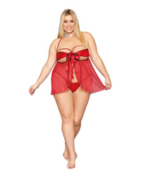 Metallic, Pleated, Open Cup Babydoll with Functional Satin Bow 2-piece Set Babydoll Dreamgirl 