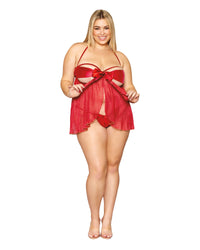 Metallic, Pleated, Open Cup Babydoll with Functional Satin Bow 2-piece Set Babydoll Dreamgirl 