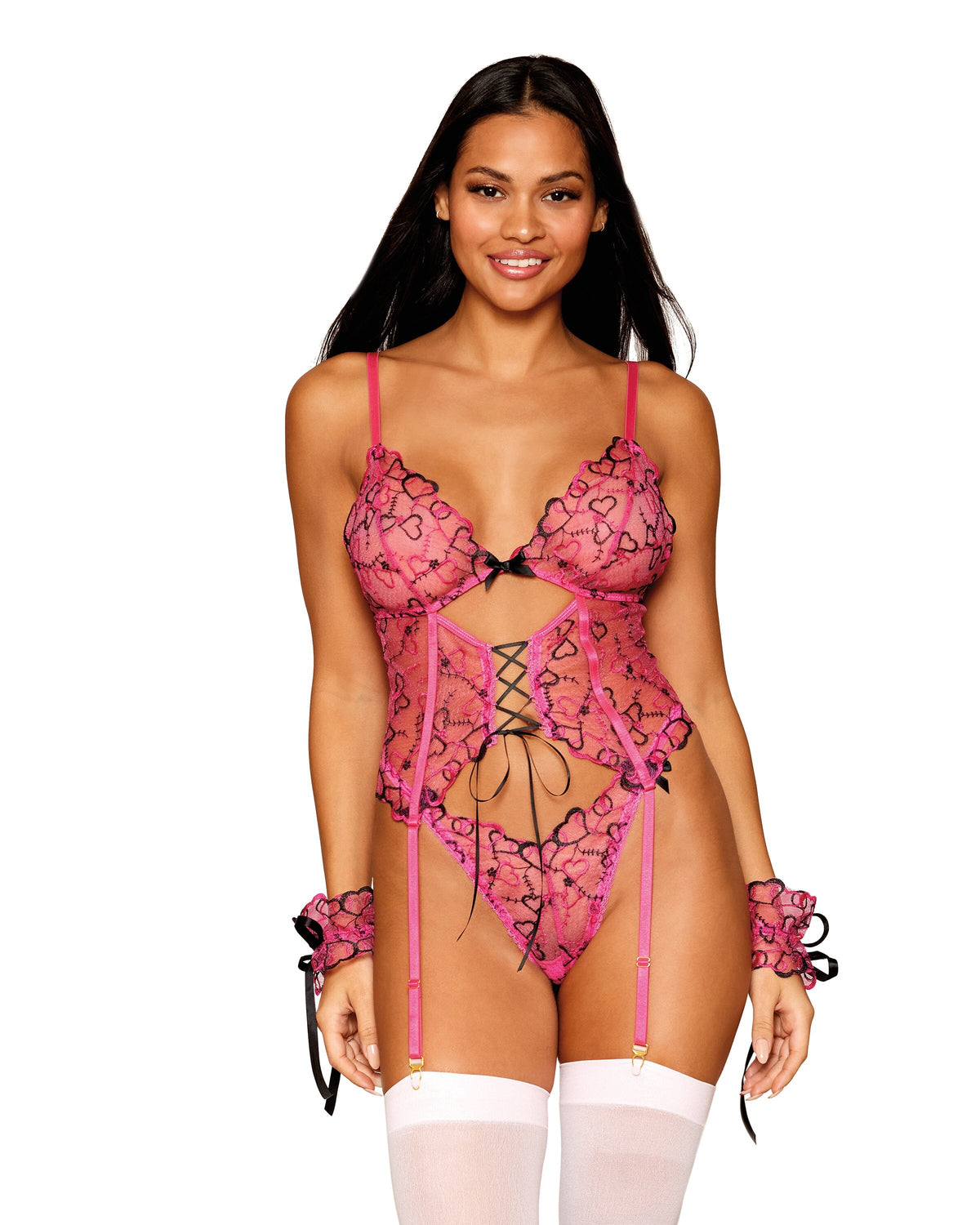 Multicolored Heart Embroidered Bustier, G-string and Wrist Restraints Set Bustier Dreamgirl 