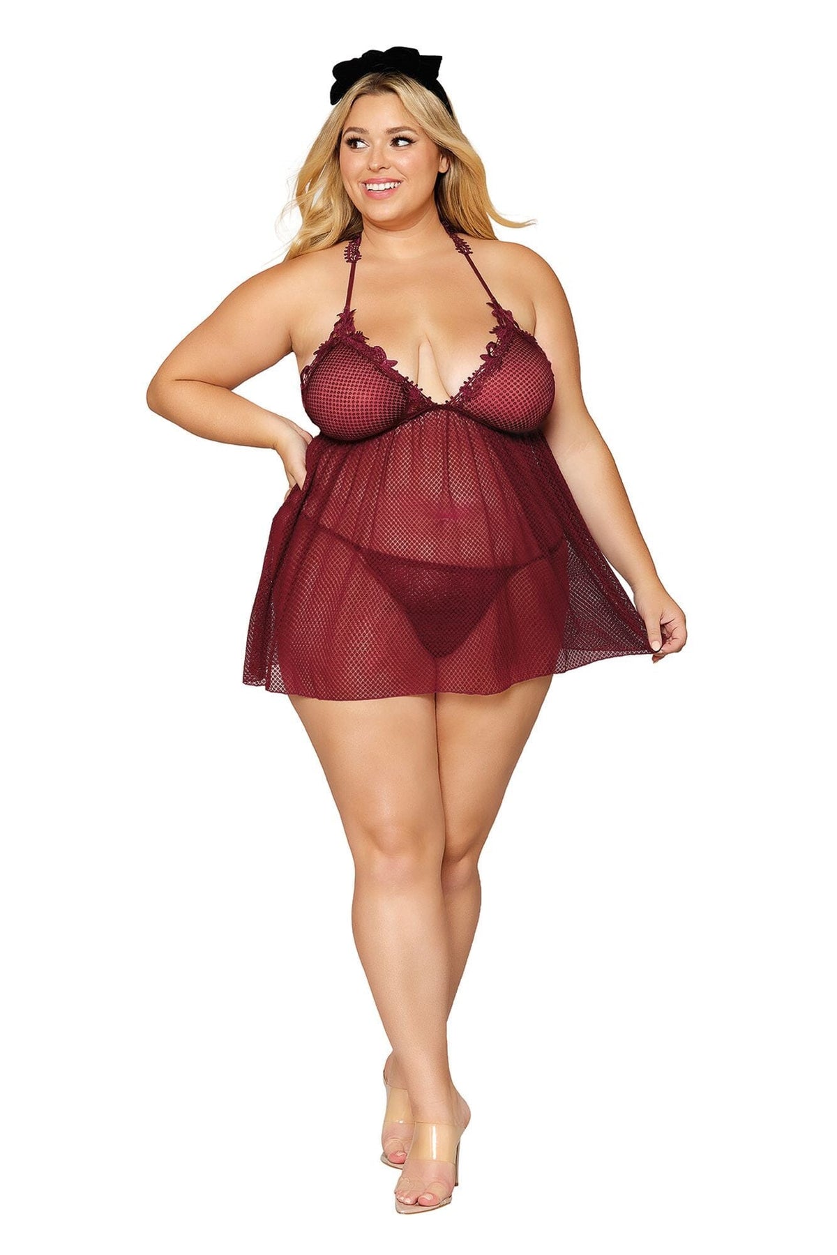 Novelty stretch mesh and delicate venise embroidery babydoll and matching G-string set LINGERIE BABYDOLL Dreamgirl International