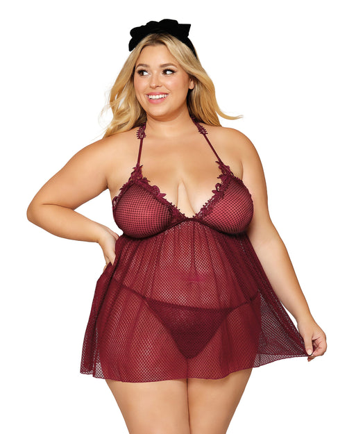 Novelty stretch mesh and delicate venise embroidery babydoll and matching G-string set LINGERIE BABYDOLL Dreamgirl International 