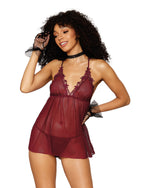 Novelty stretch mesh and delicate venise embroidery babydoll and matching G-string set LINGERIE BABYDOLL Dreamgirl International 