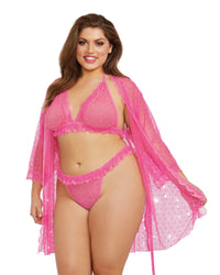 Plus Size 3-Piece Heart Mesh Robe & Bralette Set with Ruffle Details Dreamgirl International 