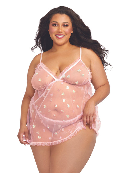 Plus Size Babydoll & G-String Lingerie Set with Sequin Hearts & Ruffle Detail Dreamgirl International 