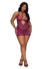 Plus Size Contemporary Lace & Mesh Chemise Set with Halter Neckline Chemise Dreamgirl International 