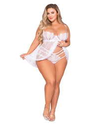 Plus Size Eyelash Lace Babydoll & G-String Set with Underwire Balconette Bra Support Babydoll Dreamgirl International 