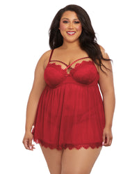 Plus Size Eyelash Lace & Stretch Mesh Babydoll Set with Strappy Rhinestone Neckline Babydoll Dreamgirl International 