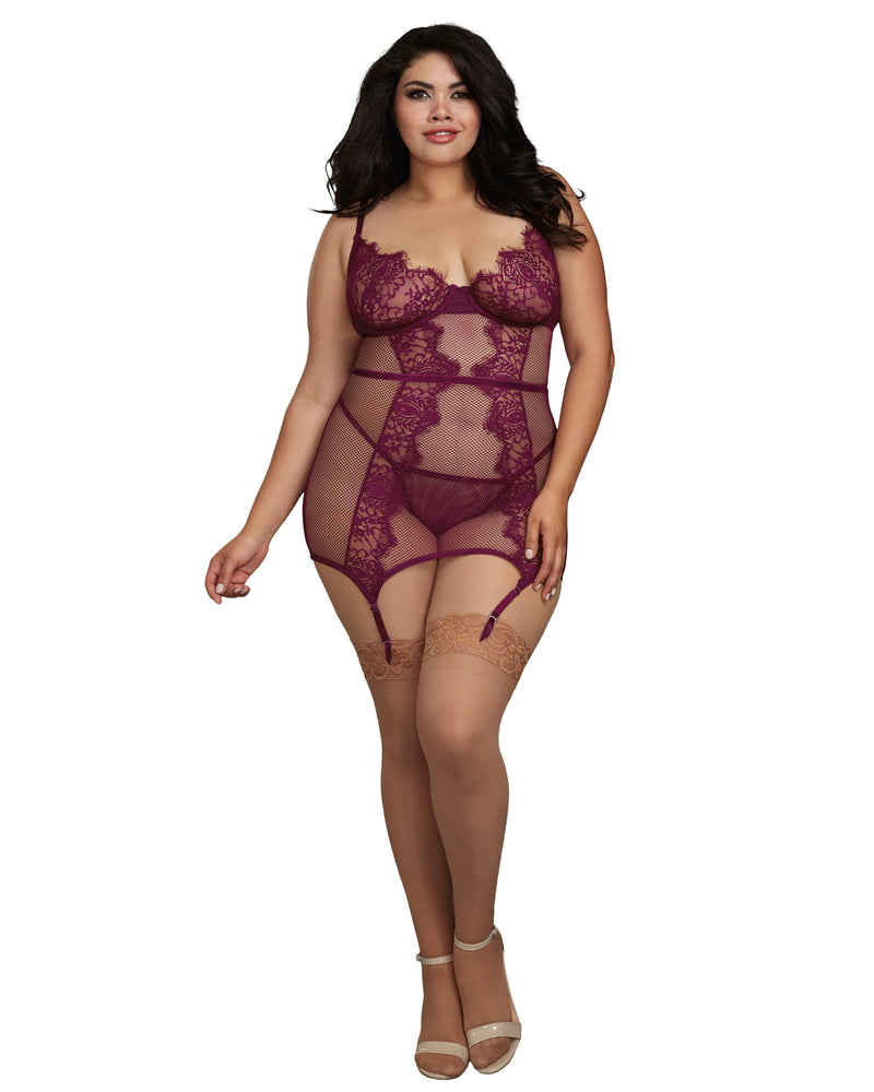 Plus Size Fishnet and Eyelash Lace Garter Slip with Matching G-String Garter Slip Dreamgirl International 