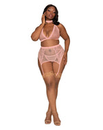 Plus Size Fishnet & Lace 4-Piece Halter Bralette & Garter Belt Set with Stretch Velvet Trim Accents Dreamgirl International 