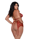 Plus Size Fishnet & Lace 4-Piece Halter Bralette & Garter Belt Set with Stretch Velvet Trim Accents Lingerie Set Dreamgirl International 