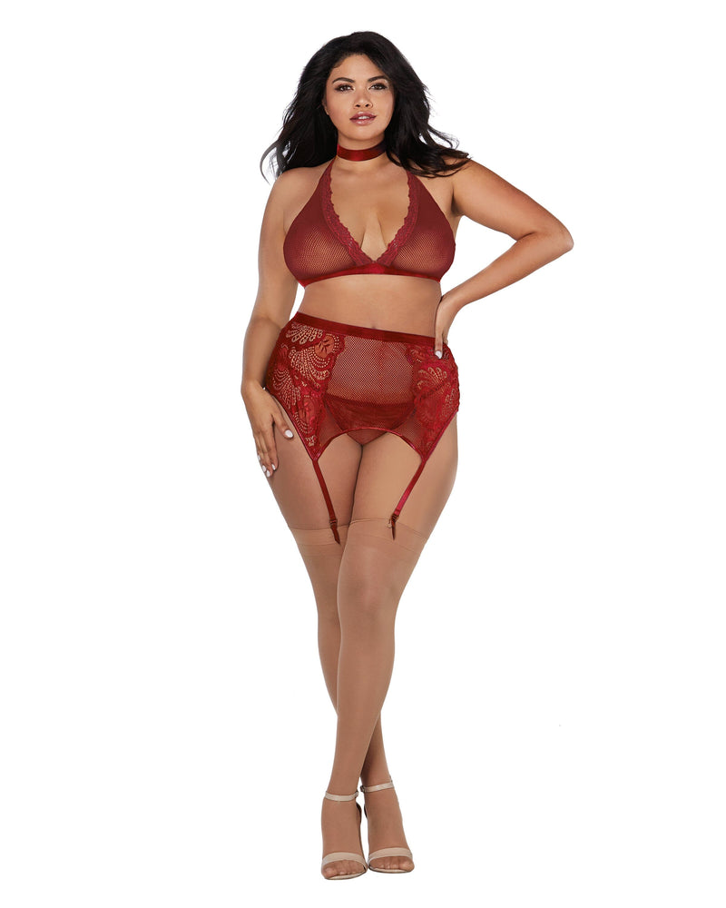 Plus Size Fishnet & Lace 4-Piece Halter Bralette & Garter Belt Set with Stretch Velvet Trim Accents Lingerie Set Dreamgirl International 