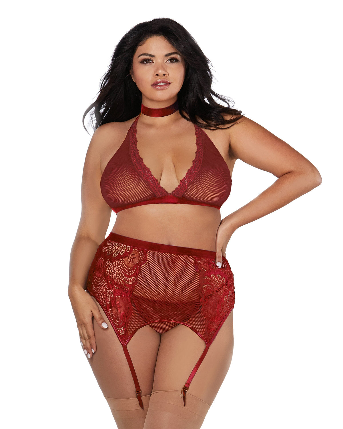 Plus Size Fishnet & Lace 4-Piece Halter Bralette & Garter Belt Set with Stretch Velvet Trim Accents Lingerie Set Dreamgirl International OSQ Garnet 