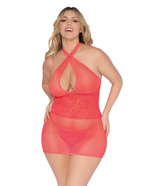 Plus Size Fishnet & Scalloped Lace Chemise with Back Neck Tie Dreamgirl International 