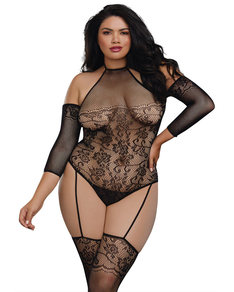 Plus Size Fishnet Teddy Bodystocking with 3/4 Length Sleeves Bodystocking Dreamgirl International 