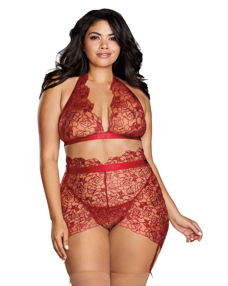 Plus Size Floral Embroidery Bralette & Garter Skirt Bralette Set Dreamgirl International 