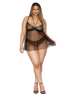 Plus Size Gold Foiled Stretch Lace and Mesh Babydoll Set with Detachable Restraints LINGERIE BABYDOLL Dreamgirl International 