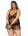 Plus Size Gold Foiled Stretch Lace and Mesh Babydoll Set with Detachable Restraints LINGERIE BABYDOLL Dreamgirl International 