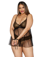 Plus Size Gold Foiled Stretch Lace and Mesh Babydoll Set with Detachable Restraints LINGERIE BABYDOLL Dreamgirl International 