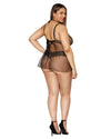 Plus Size Gold Foiled Stretch Lace and Mesh Babydoll Set with Detachable Restraints LINGERIE BABYDOLL Dreamgirl International 