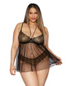 Plus Size Gold Foiled Stretch Lace and Mesh Babydoll Set with Detachable Restraints LINGERIE BABYDOLL Dreamgirl International 