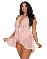 Plus Size Halter Plunge Lace Teddy with Flyaway Skirt Teddy Dreamgirl International One Size Queen Pink Champagne 