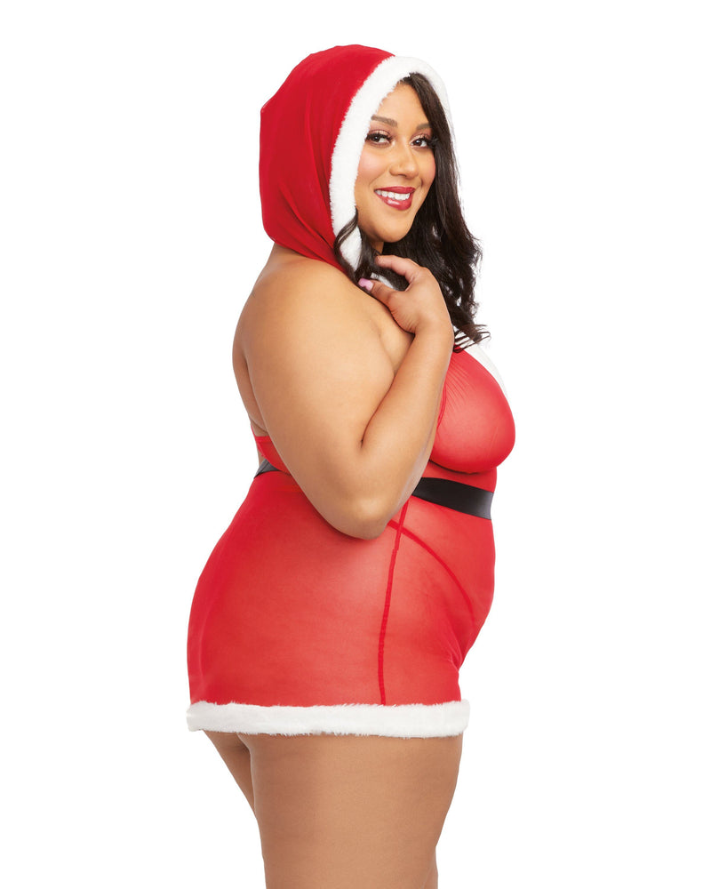 Plus Size Hooded Stretch Mesh Santa Chemise Set with Elastic Belt Buckle Dreamgirl International 
