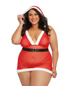 Plus Size Hooded Stretch Mesh Santa Chemise Set with Elastic Belt Buckle Dreamgirl International 