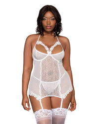 Plus Size Lace & Mesh Underwire Garter Slip & G-String Set with Venise Lace Detail Dreamgirl International 