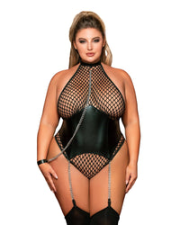 Plus Size Large Fishnet Corset-Style Halter Teddy with Attached Collar & Chain Leash Accent Dreamgirl International 