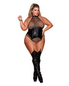 Plus Size Large Fishnet Corset-Style Halter Teddy with Attached Collar & Chain Leash Accent Teddy Dreamgirl International 
