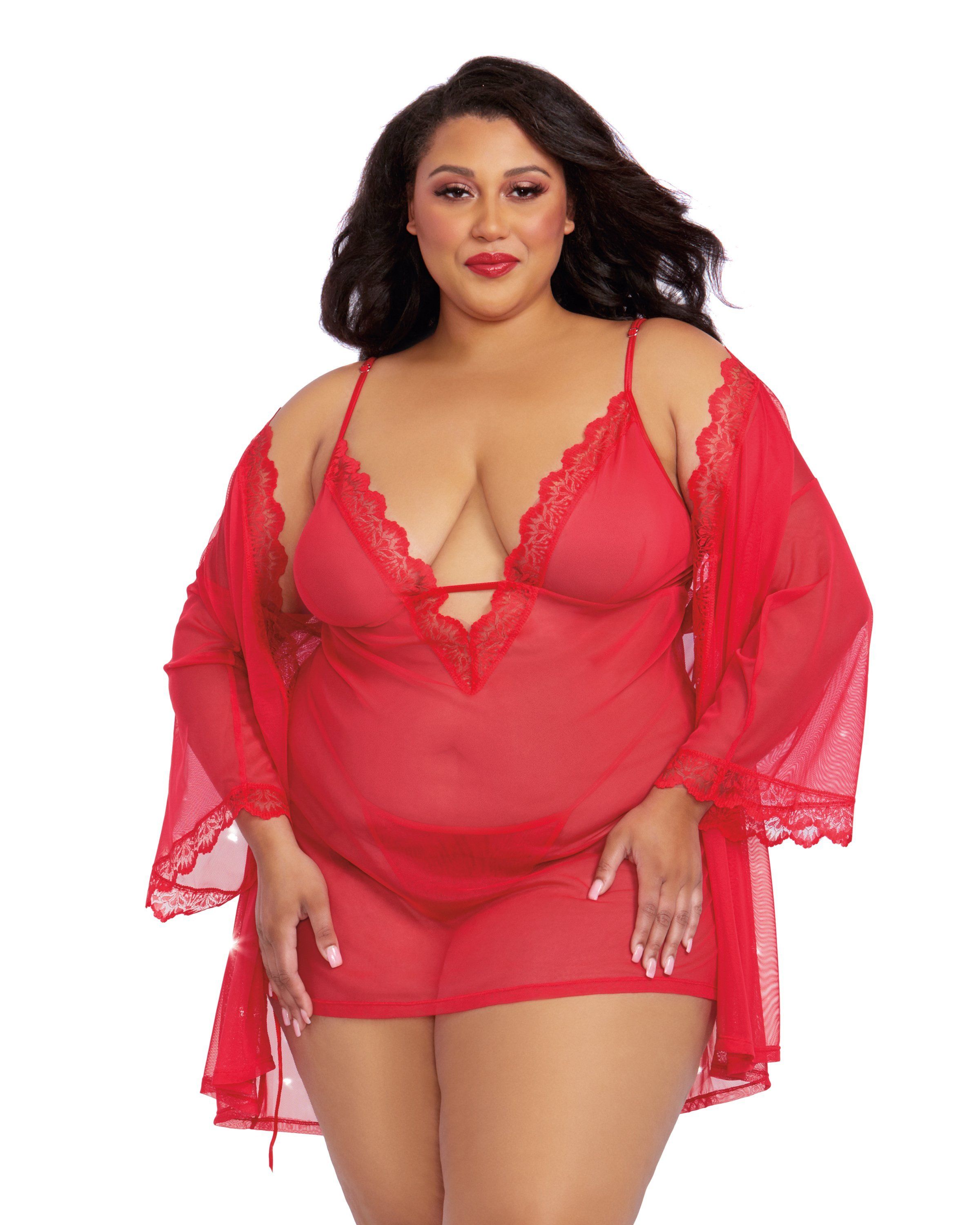 Dreamgirl Plus Size Chemise & Mesh Robe Set with Matching G-String