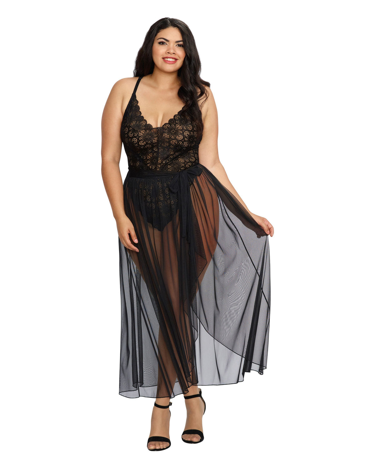 Plus Size Mosaic Lace Teddy & Sheer Skirt Teddy Dreamgirl International 1X Black 