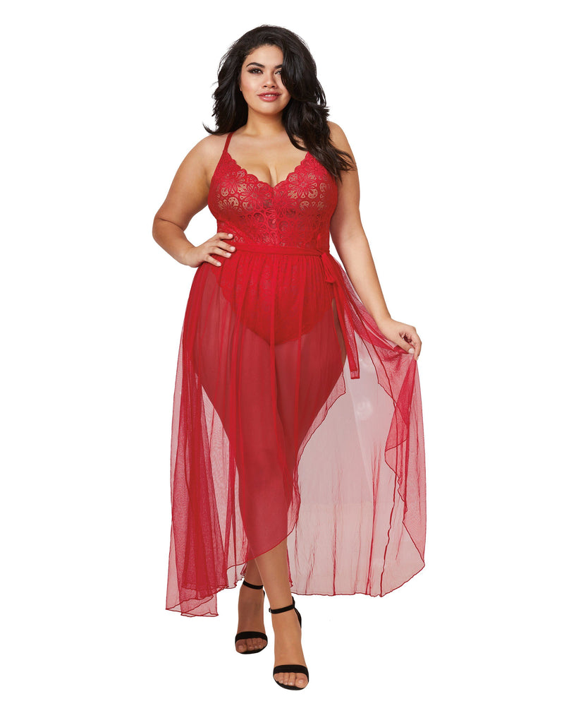 Plus Size Mosaic Lace Teddy & Sheer Skirt Teddy Dreamgirl International 1X Rouge 