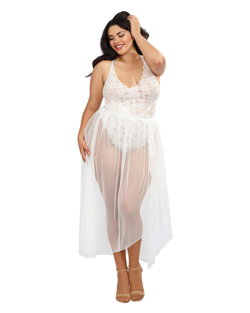 Plus Size Mosaic Lace Teddy & Sheer Skirt Teddy Dreamgirl International 1X White 