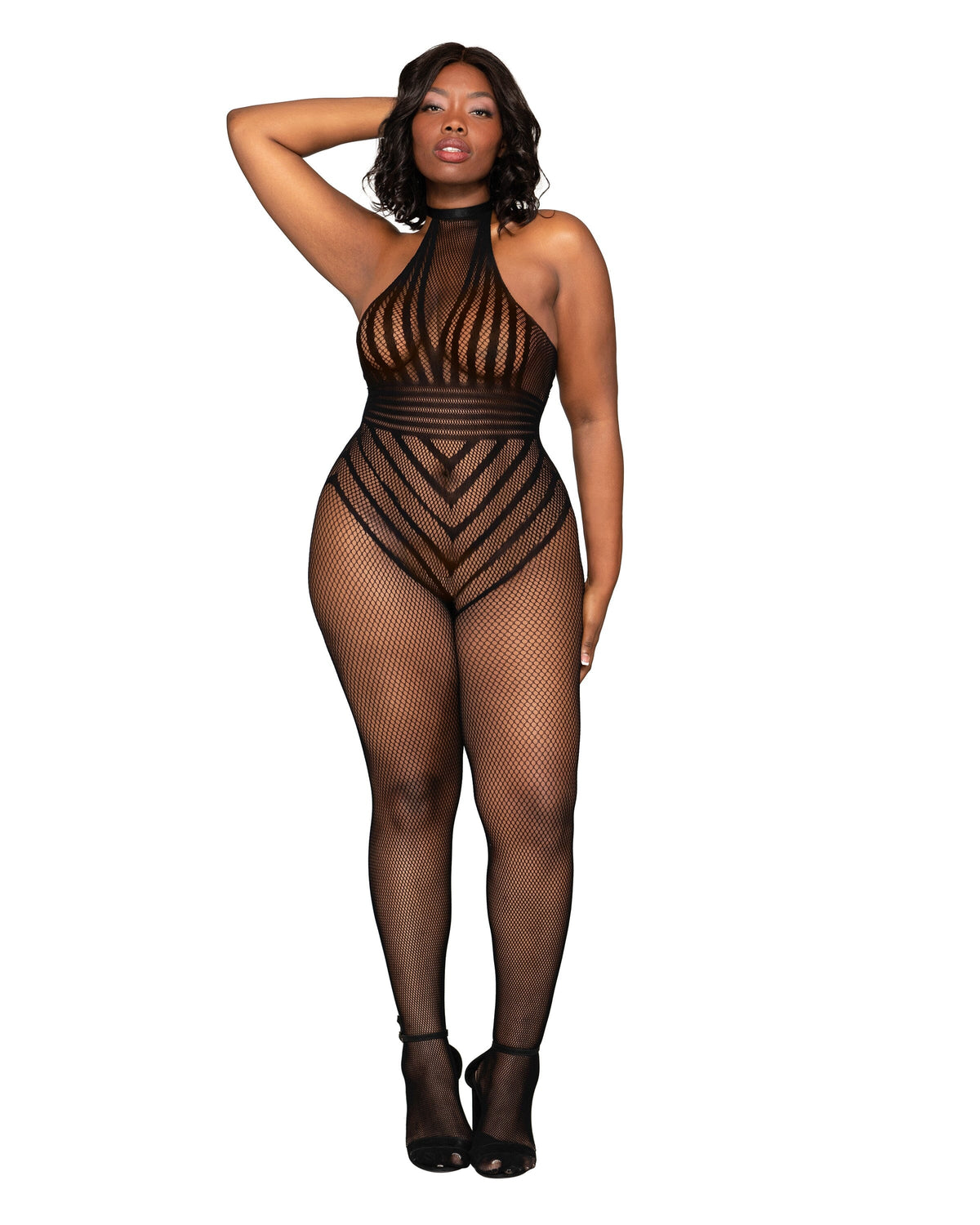 Plus Size Open Crotch Stripped Fishnet Bodystocking Halter Neck & T-Back Strap Bodystocking Dreamgirl International 