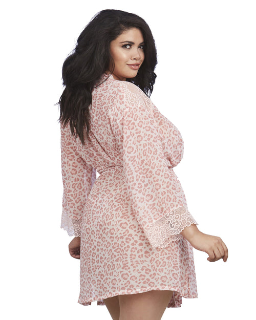 Plus Size Pink Leopard Print Chiffon Robe with Set-In Belt Robe Dreamgirl International 