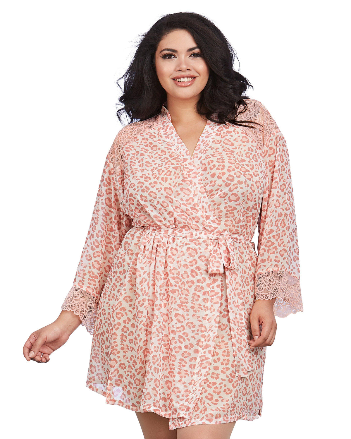 Plus Size Pink Leopard Print Chiffon Robe with Set-In Belt Robe Dreamgirl International 