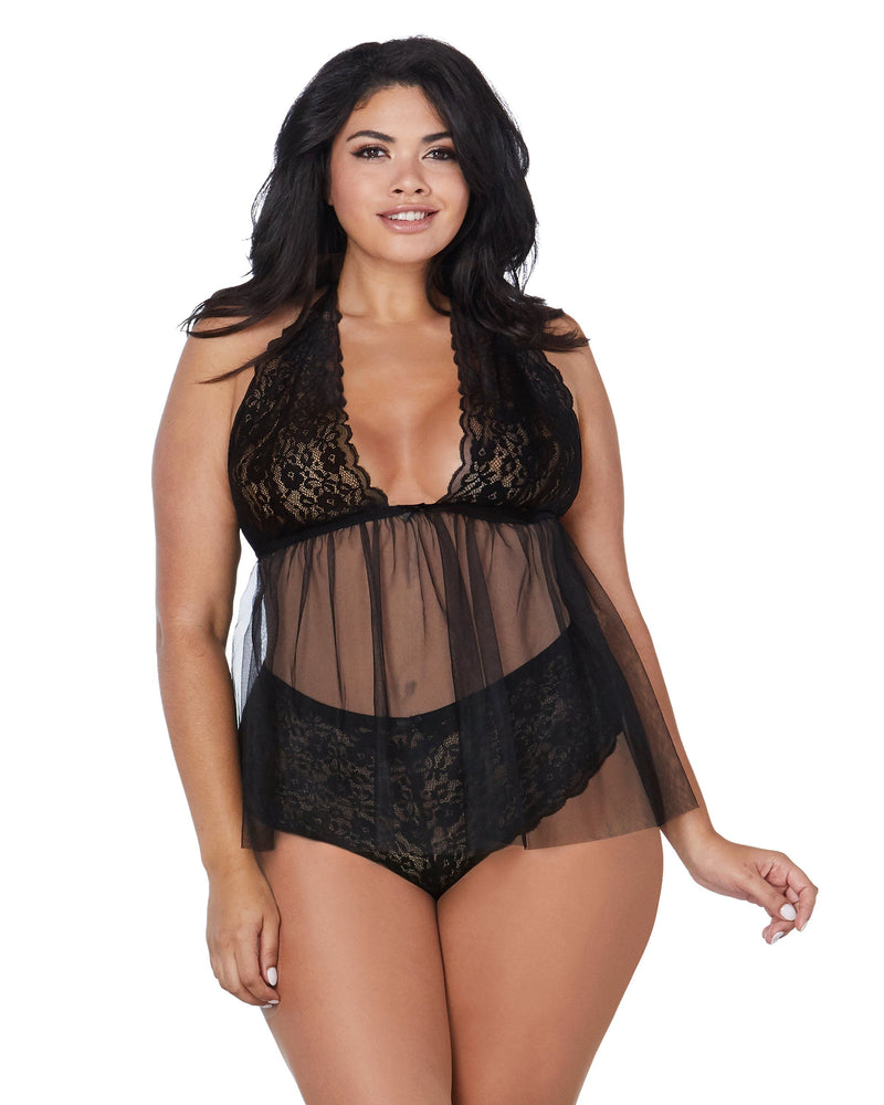 Plus Size Retro Lace & Mesh Flyaway Babydoll Babydoll Dreamgirl International 