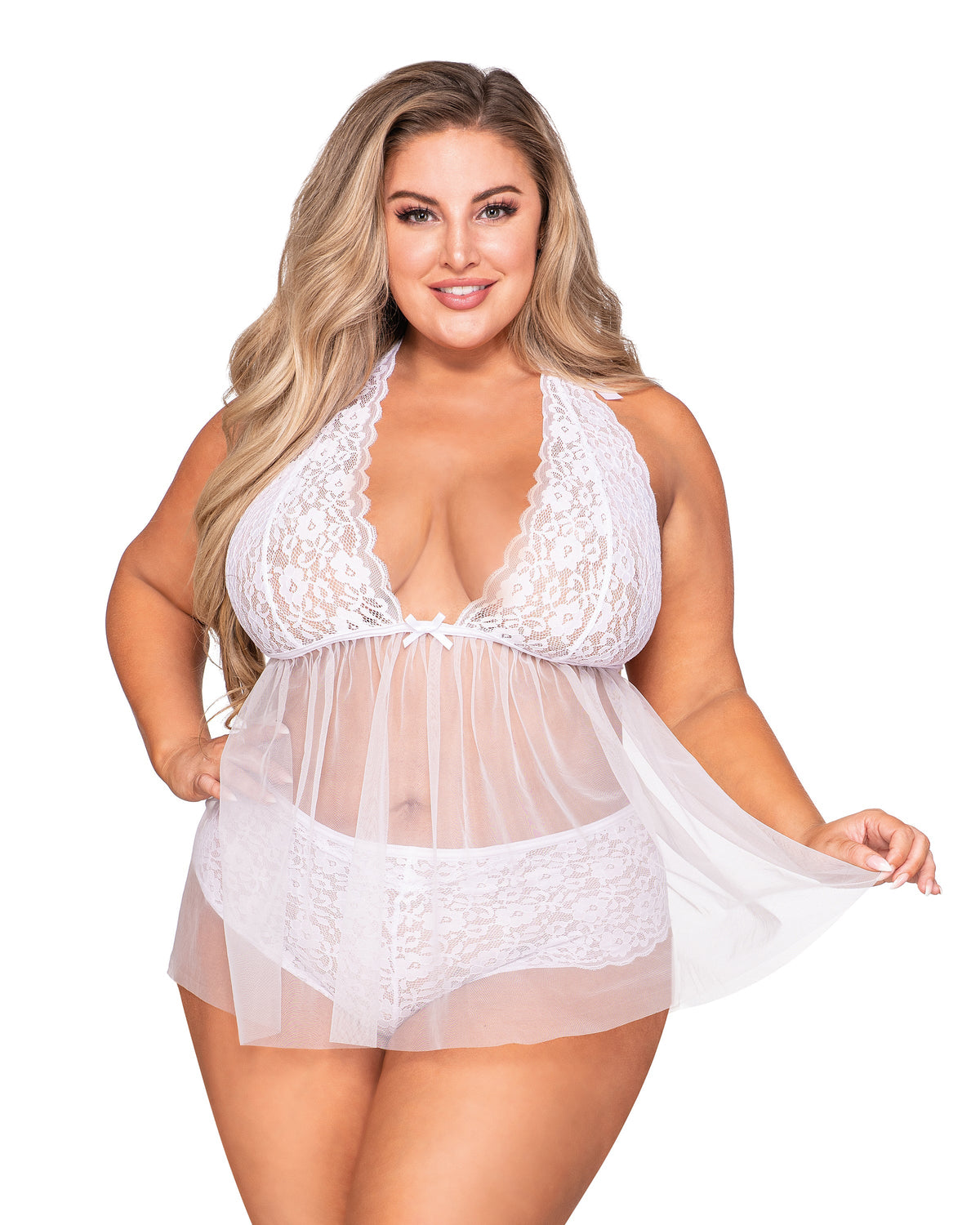 Plus Size Retro Short Stretch Lace & Mesh Halter Babydoll with Fly-A-Way Back Babydoll Dreamgirl International 