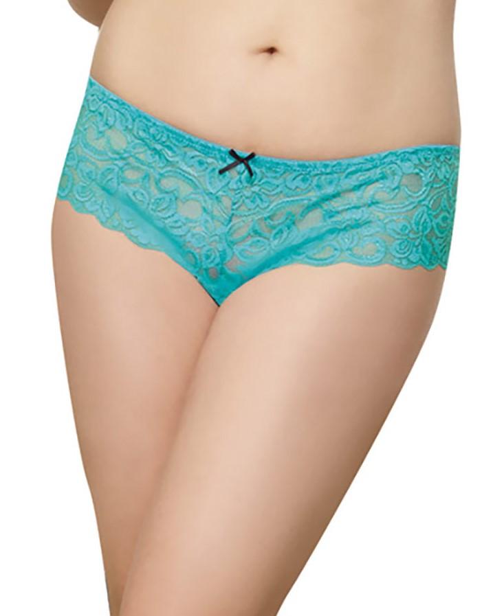 Plus Size Satin Bow Crotchless Boyshort Panty Dreamgirl International 1X/2X Turquoise 