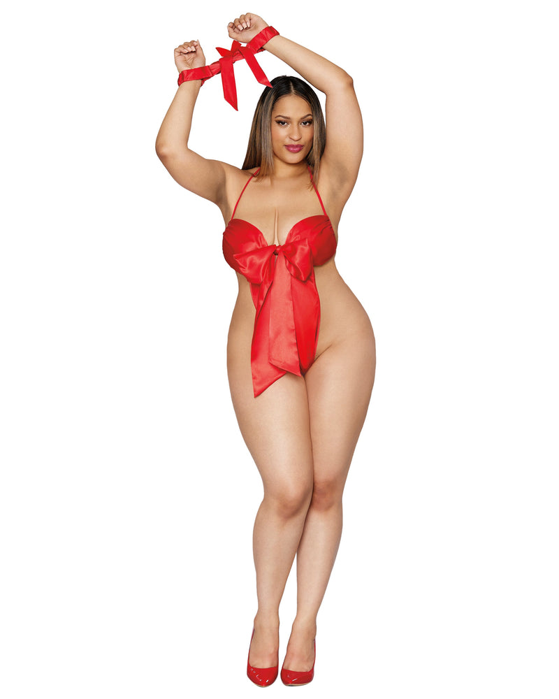Plus Size Satin Gift Wrap Teddy with Matching Restraints LINGERIE TEDDIE Dreamgirl International 