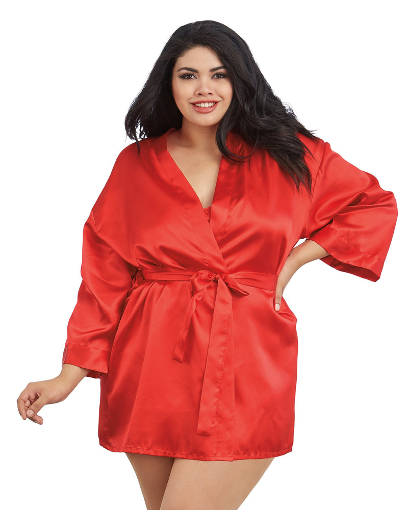 Plus Size Satin Robe & Chemise Set Robe Dreamgirl International 1X/2X Red 