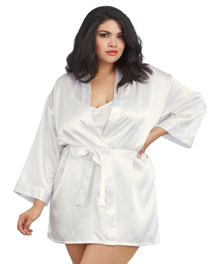 Plus Size Satin Robe & Chemise Set Robe Dreamgirl International 1X/2X White 
