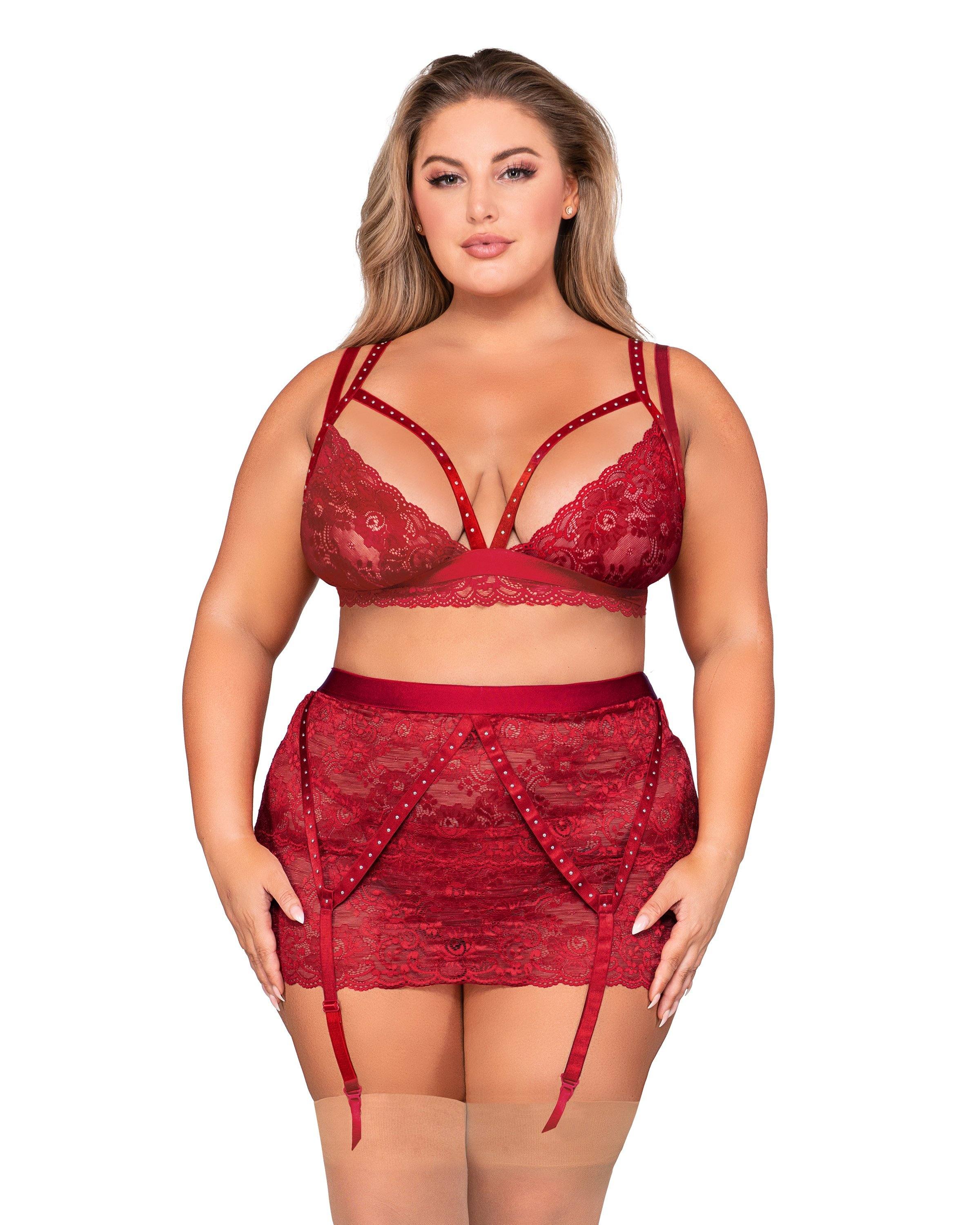 Plus Size Scalloped Lace Bralette, Garterskirt & G-String Set with Studded Strapping Dreamgirl International 