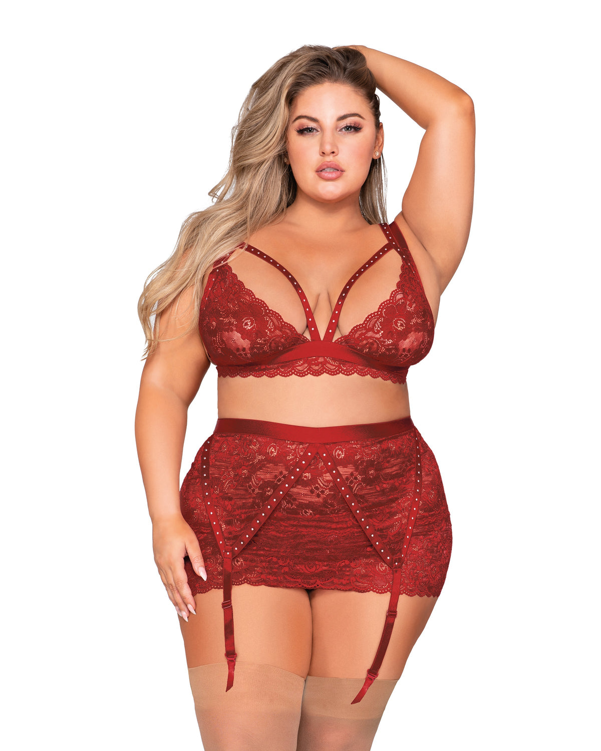 Plus Size Scalloped Lace Bralette, Garterskirt & G-String Set with Studded Strapping Garter Set Dreamgirl International 