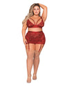 Plus Size Scalloped Lace Bralette, Garterskirt & G-String Set with Studded Strapping Garter Set Dreamgirl International 