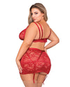 Plus Size Scalloped Lace Bralette, Garterskirt & G-String Set with Studded Strapping Garter Set Dreamgirl International 