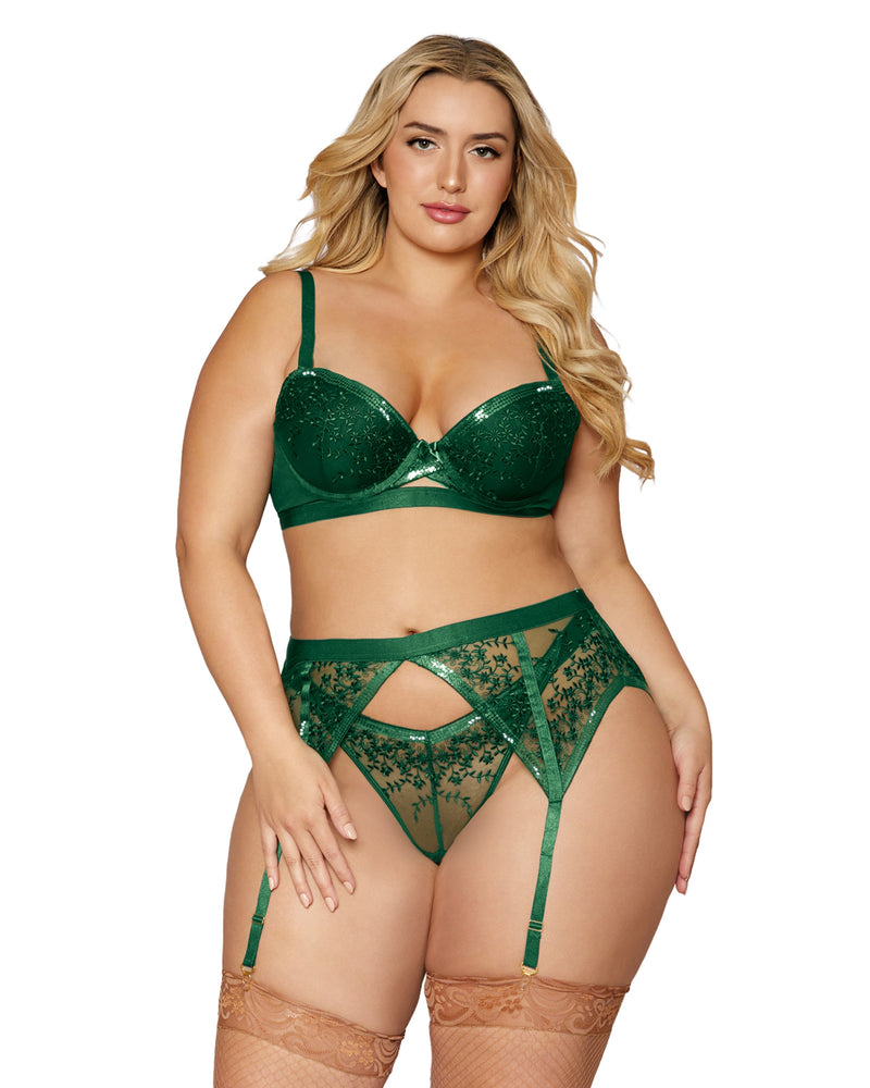Plus Size Sequined Floral Embroidered Mesh 3 Piece Set LINGERIE BRA SET Dreamgirl International 